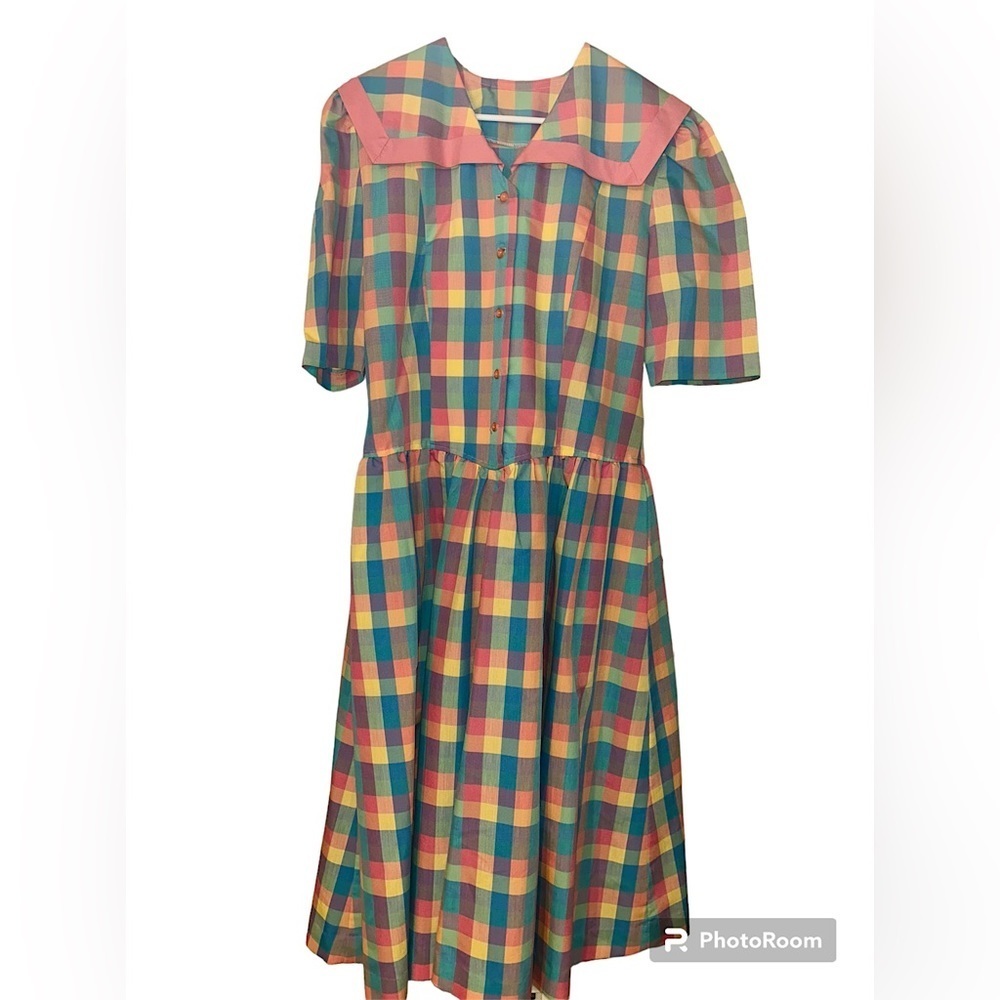 Vintage 1940s Rare Handmade Rainbow Plaid Fit & Flare Button Corset Midi Dress
